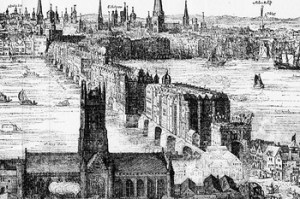 Southwark church and London Bridge in 1616