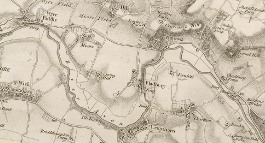 Old map showing Fladbury, Worcestershire and surrounding area